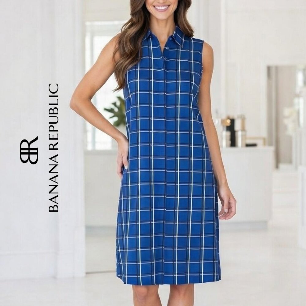 🌟Banana Republic Blue Plaid Grid Sleeveless Shift Shirt Dress Size 4